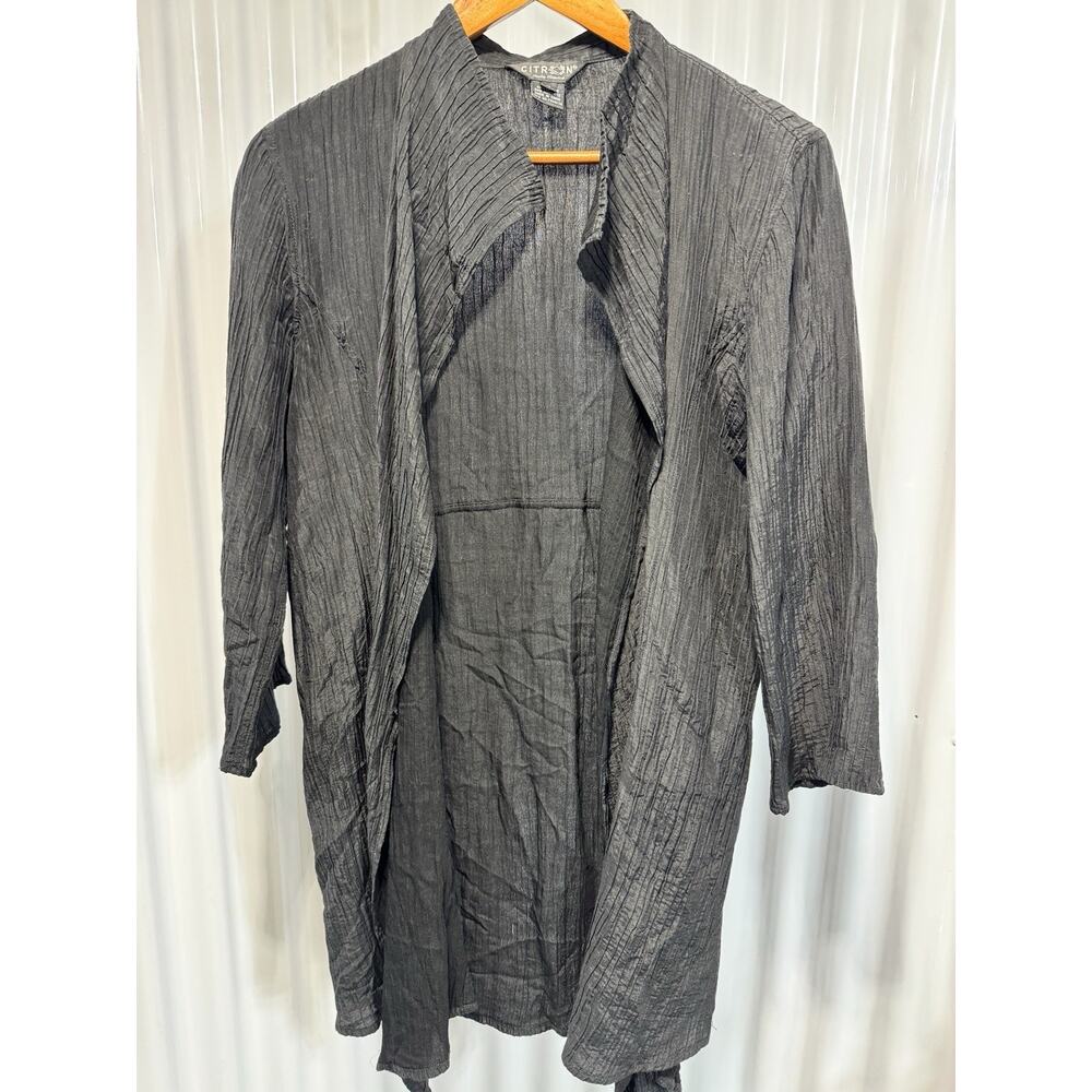 Citron Silk Blend Duster Sz M Black Long Open Lightweight Lagenlook Minimalist